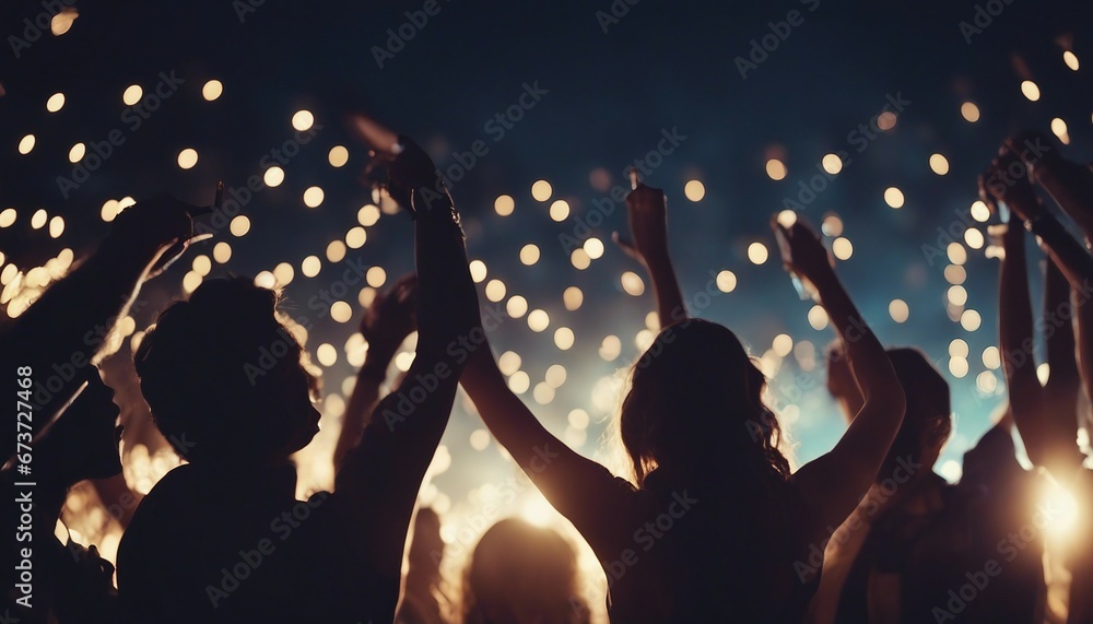 silhouettes of people dancing at a crowded party at midnight, colorful lights and smoke at background - obrazy, fototapety, plakaty 