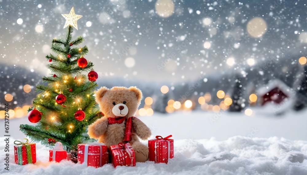 Ambiances de Noël. Petit ours en peluche et des paquets cadeaux au pied d'un sapin illuminé dans un paysage de neige
 - obrazy, fototapety, plakaty 