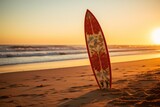 Retro surfboard standing in golden sands under a setting sun's vivid colors, capturing carefree beach culture and seaside adventure.