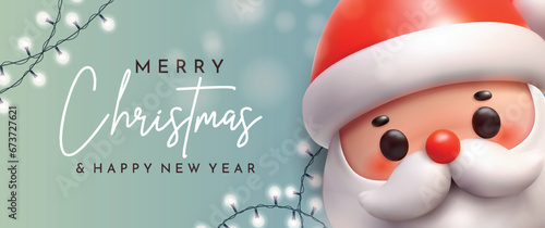 Christmas banner with cute toy Santa Claus head. New Year's garlands, 3D Santa on a blue background with free space for the inscription.