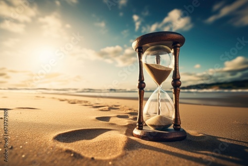 Antique hourglass on sunlit sandy beach with waves gently lapping, sands of time trickle under a blue sky, symbolizing life's beauty and moments, vintage filter for ageless charm