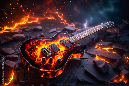 Fiery Electric Guitar: Musical Instrument in Flames on a Dark Background