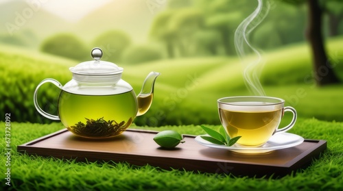 background of cup of green tea and teapot