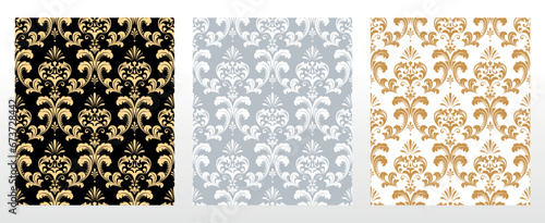 Wallpapers in the style of Baroque. Seamless vector backgrounds. Set of colored floral ornaments. Graphic patterns for fabric, wallpaper, packaging. Ornate Damask flower ornaments