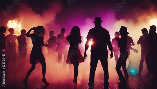 silhouettes of people dancing at a crowded party at midnight, colorful lights and smoke at background