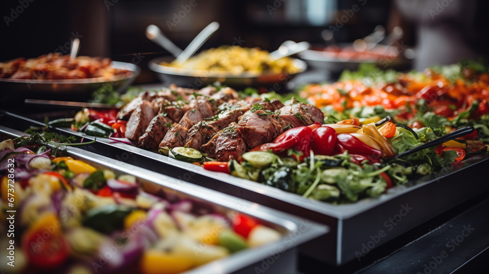 Catering buffet meals in the restaurant with meat, salads and vegetables, various delicious dishes in the hotel - obrazy, fototapety, plakaty 