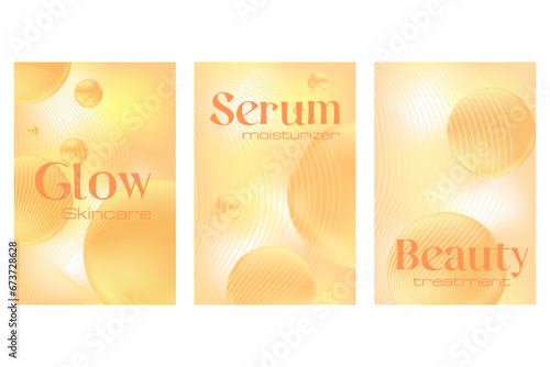 Modern yellow, honey shades background for beauty treatment products, cosmetics with glowing bubbles, serum drops, abstract wavy lines. Perfect for presentations, card design, flyers, posters.