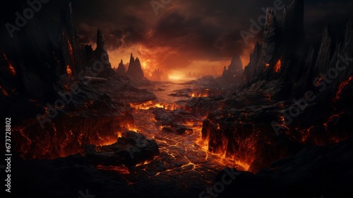 End of the world  the apocalypse  Armageddon. Lava flows flow across the planet  hell on earth  fantasy landscape inferno magma volcano