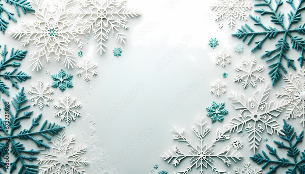 A minimalist Christmas background in frosty white, gracefully adorned with delicate teal snowflake patterns, offering a crisp and modern backdrop for festive text overlays.