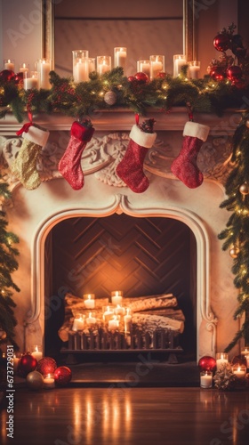Cozy Christmas Home Interior with Fireplace Mantel Decor.