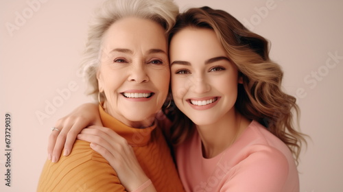 Lovely smiling happy elderly parent mom with young adult daughter two women together wearing casual clothes hugging cuddle kiss