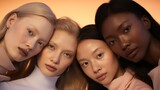 Multicultural women of different races, faiths and skin colors pose with makeup. Young women hug, friendship