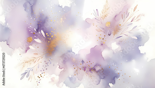 A watercolor wash background in calming lavender, adorned with delicate golden flecks and splatters, crafting a luxurious and dreamy setting for various purposes.