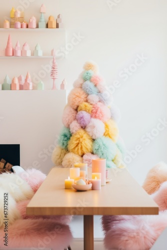 A whimsical pastel christmas scene filled with vibrant decorations, including a colorful tree, delicate candles, and miniature toys, adorns an interior wall, wonder in its playful design