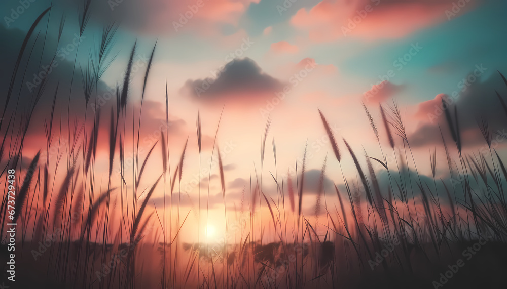 A nature-inspired background capturing the gentle silhouette of tall grass set against a pastel dawn sky, evoking a sense of tranquility and freshness.