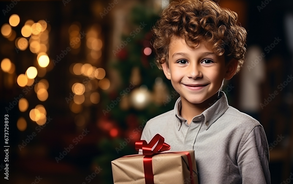 Happy fair-skinned boy standing in a room with a gift in his hands on Christmas. Cheerful fair-skinned schoolboy stands in a room with a present in his hands on Christmas. Happy fair-skinned boy standing in a room with a gift in his hands on Christmas. Cheerful fair-skinned schoolboy stands in a room with a present in his hands on Christmas.