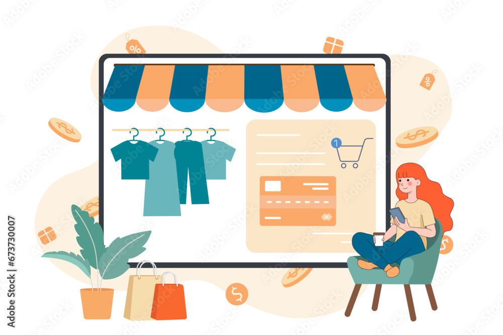 Naklejka premium Young woman sitting on a cozy couch with smartphone and purchasing fashion cloths, Payment Using Credit Card Pay On Mobile Phone. Online payment mobile for shopping online. vector illustration.