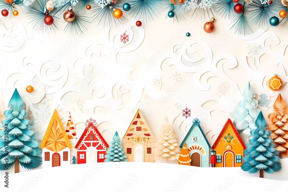 Whimsical chrismas illustration with a trees, houses, snowflakes, stars. Winter scene, chrismas atmospher