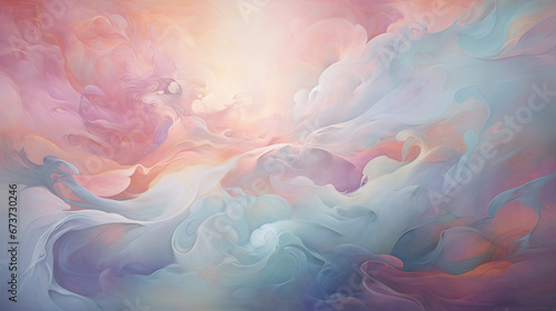 Soft, moving cloud of pastel hues gently winding through a celestial cloudscape Ai Generative
