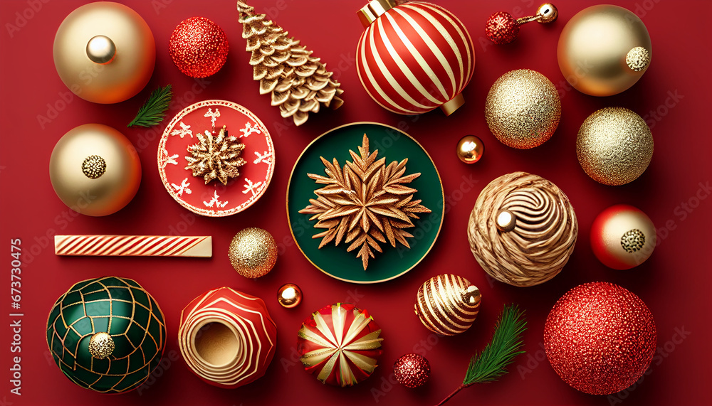 jolly Christmas ornaments in a flat lay jolly Christmas ornaments in a flat lay