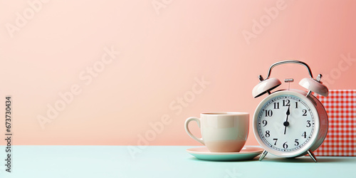 Vintage alarm clock and cup of coffee on the uniform pastel backdrop with a copy space. Generative AI