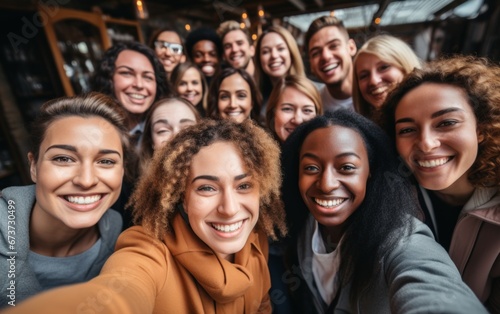Close up portrait of young beautiful smiling multiracial colleagues taking selfie after seminar. People looks cheerful. Concept of business, partnership, friendship, relationship, lifestyle, humanity