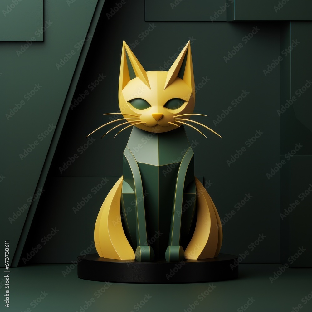Obraz premium yellow and green paper cat statue sitting on stone pedestal. cat has long tail. pedestal simple and unadorned.. Concept of history, art, symbol, mysterious
