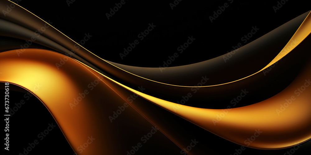 Fototapeta premium Abstract background with realistic golden and black wavy fluid shape. Interwined gold stripes. Generative AI