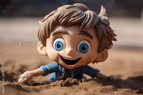 3D rendering in cartoon style depicting a boy in a sandbox.