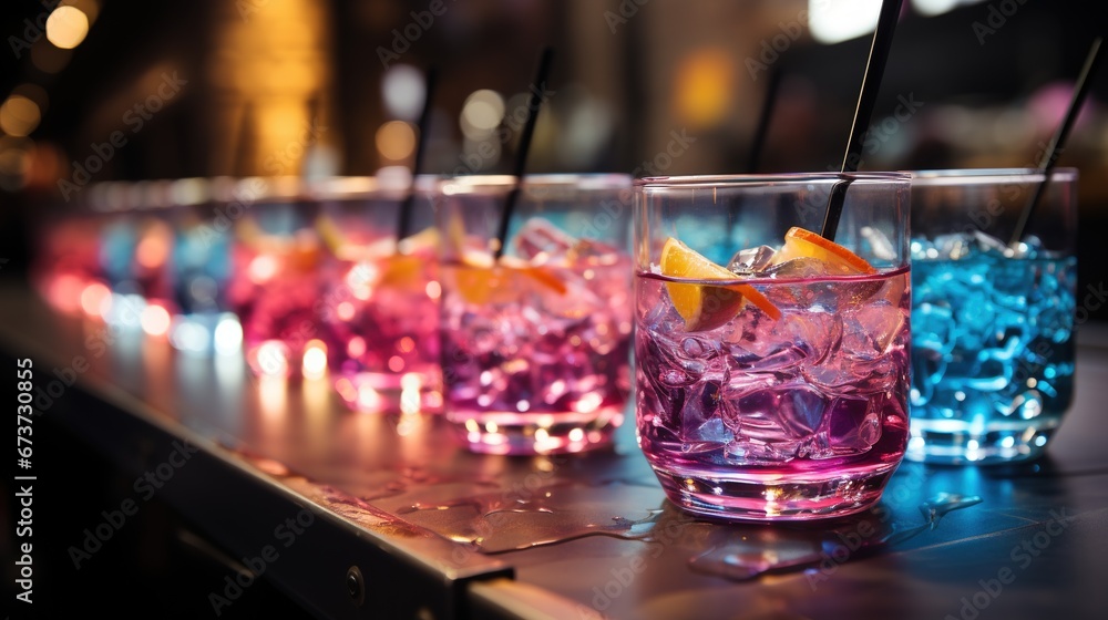 Close-up of group of stylish coloured cocktails with ice and lemon on the bar counter. Generative AI Close-up of group of stylish coloured cocktails with ice and lemon on the bar counter. Generative AI