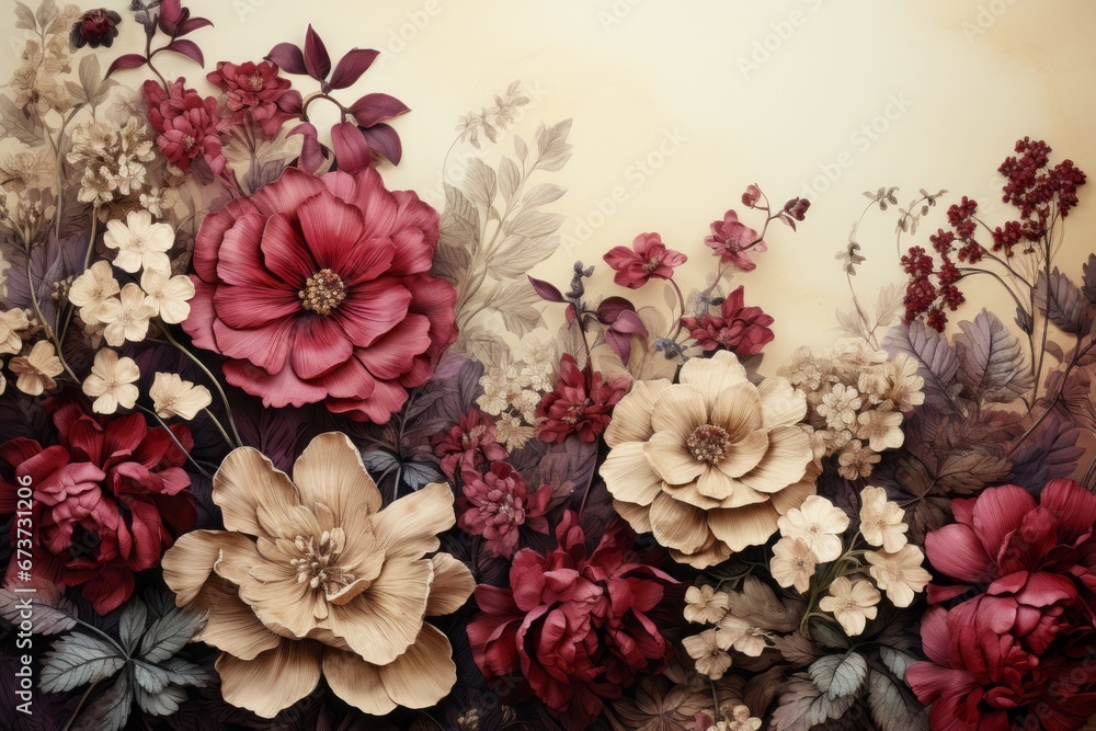 Textured Burgundy and Beige Paper with Realistic Floral Bouquet Border. Vintage Styled Background.