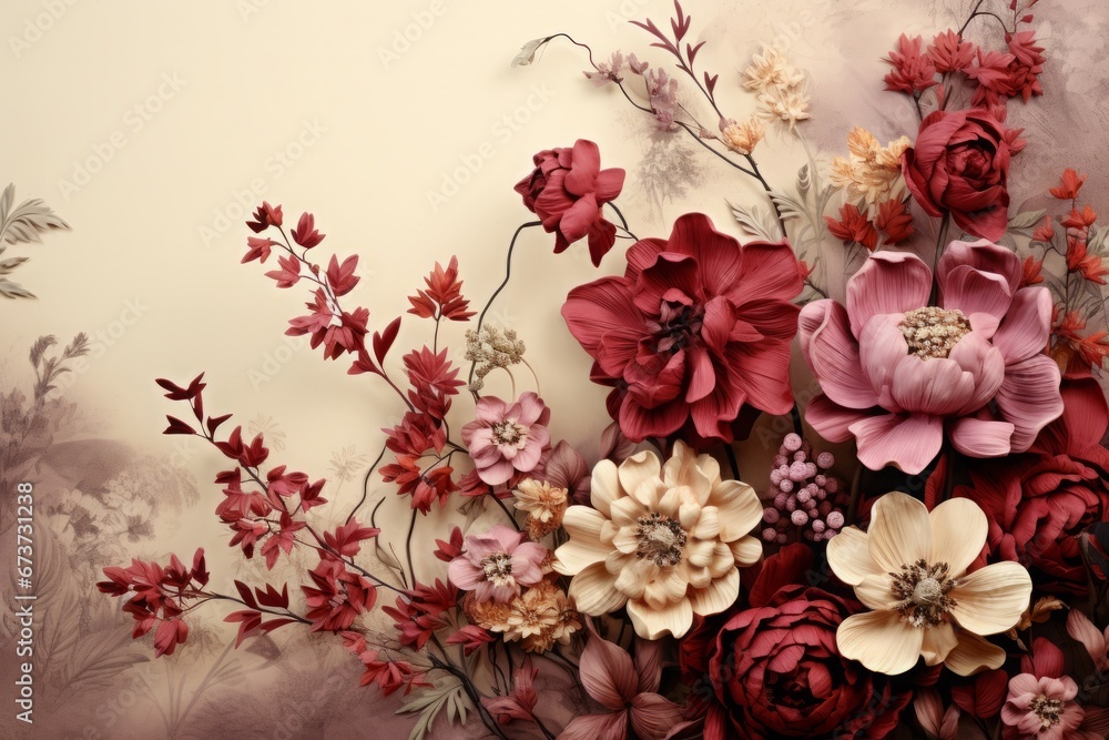 Realistic Flower Bouquet Border on Textured Beige Paper. Vintage Style Backdrop. Realistic Flower Bouquet Border on Textured Beige Paper. Vintage Style Backdrop.