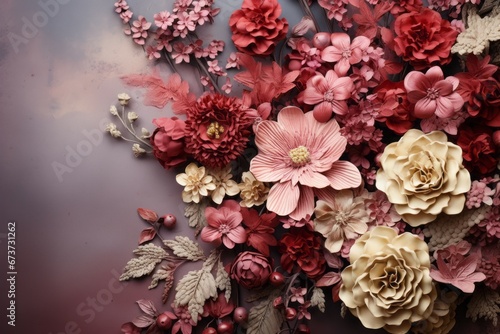 Realistic Flower Bouquet Border on Textured Beige Paper. Vintage Style Backdrop.