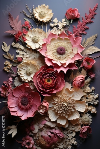 Textured Burgundy and Beige Paper with Realistic Floral Bouquet Border. Vintage Styled Background.