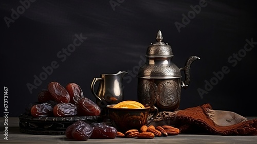 Traditional Arabian Coffee Set and Dates on Grey Background 