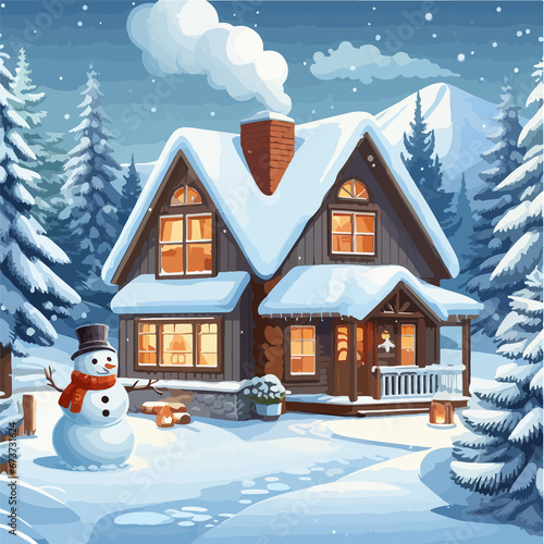 A cozy winter cottage with smoke curling frim its chimney surrounded by snow-covered pine trees and a snowman in the front yard