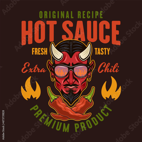 Hot sauce vector emblem, label, badge with devil head in colored style on dark background