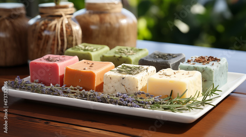 Different herb organic soap on a wooden table.