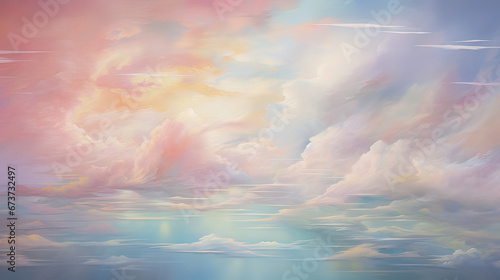Soft, moving cloud of pastel hues gently winding through a celestial cloudscape Ai Generative