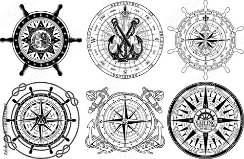 Compass wind roses with anchor rope knot steering boat wheel nautical vector elements collection