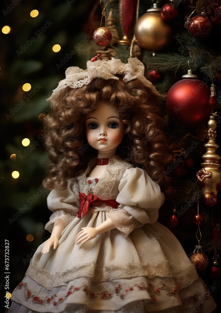 beautiful 19th century doll sitting under a christmas tree - ai-generated beautiful 19th century doll sitting under a christmas tree - ai-generated