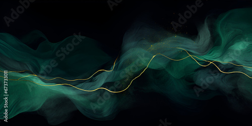Abstract dark green ink acrylic splashes background with fine golden elements  photo