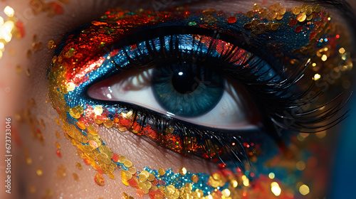 Close up eye on bright glitter background