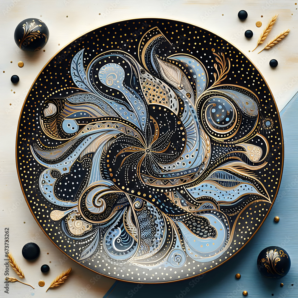 Decorative Ceramic Plate with Black, Blue and Golden Colors Decorative Ceramic Plate with Black, Blue and Golden Colors