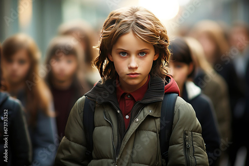 School bullying of a child by hooligans. Sad depressed child victim close-up. AI generated. photo
