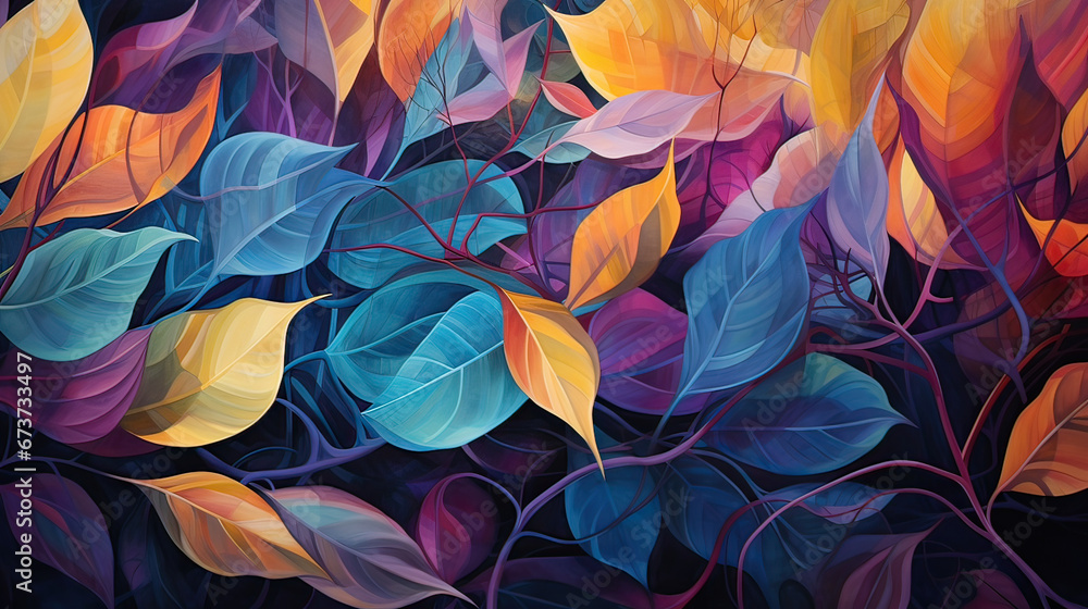 Lush, vivid leaves gently morphing into ethereal, abstract shapes Ai Generative