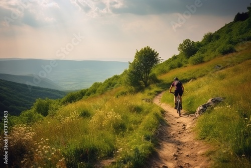 Bicycle with cyclist rider at sunset on a mountain road. Active healthy sport hobby. AI generated.