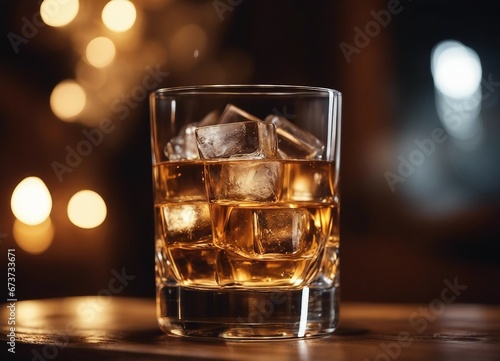 whiskey glass with ice on the wooden barrel