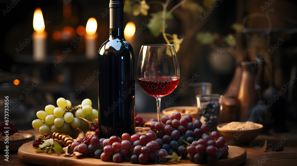 bottle of wine and glass wine on a decorated table with fresh grapes 