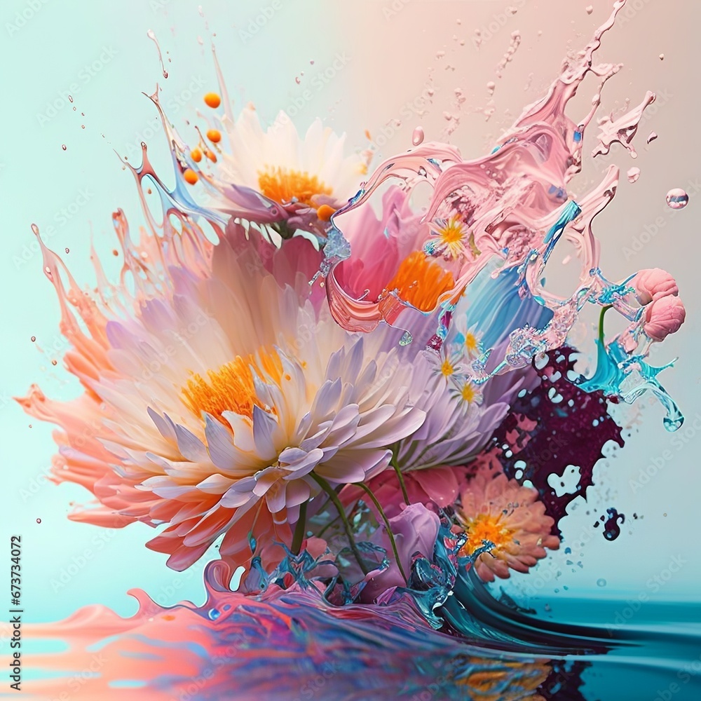 Colourful flowers in splashes in colourful water. Spring gentle pastel theme blurred bouquet splashes watercolor oil paint beautiful liquid in vase art painting gerbera lilac lily Generative AI 